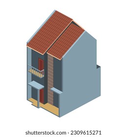 Casa urbana isométrica de dos niveles con ilustración vectorial de fachada. Diseño de modelo 3d.