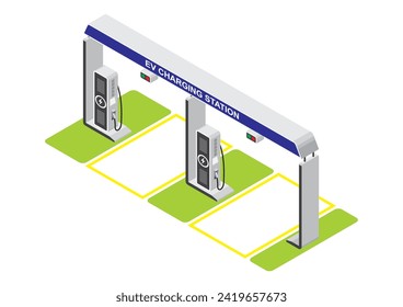Dos líneas isométricas de la estación de carga de vehículos eléctricos en el estacionamiento con cargador rápido e ilustración de número de línea.