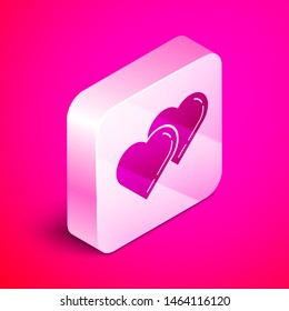 Isometric Two Linked Hearts icon isolated on pink background. Romantic symbol linked, join, passion and wedding. Valentine day symbol. Silver square button. Vector Illustration