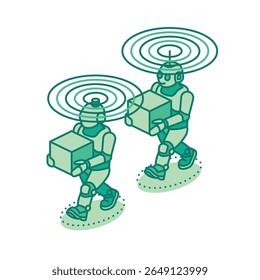 Isometric two robots carrying boxes with wireless signals. Smart automation, AI logistics, and future technology in warehouse operations. Vector illustration. Robots isolated on white.
