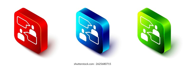 Isometric Two sitting men talking icon isolated on white background. Speech bubble chat. Message icon. Communication or comment chat symbol. Red, blue and green square button. Vector
