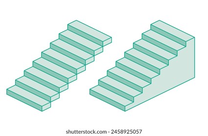 Isométrico de dos escaleras. Ilustración vectorial. Contorno de objetos aislados en blanco. Icono de escalera.