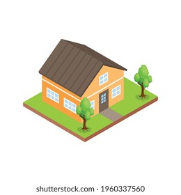 Isometric two storeyed private house with garden vector illustration