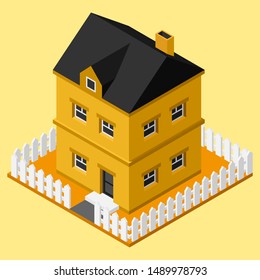 Isometric two story house flat vector icon. Real estate symbol. Home colorful illustration.