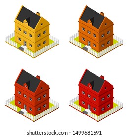 Isometric two story house flat vector icon. Real estate symbol. Home colorful illustration.