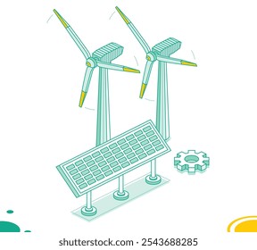 Dos plantas de energía eólica isométricas y panel solar aislados sobre fondo blanco. Generación de energía verde limpia. Turbinas eólicas. Objetos de esquema. Ilustración vectorial.