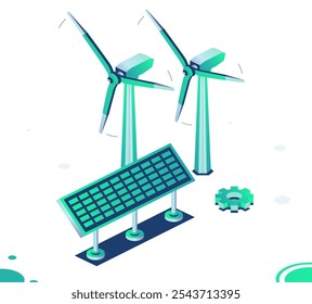 Dos plantas de energía eólica isométricas y panel solar aislados sobre fondo blanco. Generación de energía verde limpia. Turbinas eólicas. Objetos. Ilustración vectorial.