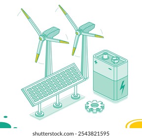 Dos plantas de energía eólica isométricas, panel solar y batería de 9v aisladas sobre fondo blanco. Generación de energía verde limpia. Turbinas eólicas. Objetos de esquema. Ilustración vectorial. Batería de nueve voltios.