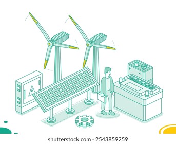 Dos turbinas eólicas isométricas, panel solar, acumulador de coche y batería de 9v aislados sobre fondo blanco. Generación de energía verde limpia. Objetos de esquema. Ilustración vectorial. Batería de nueve voltios.