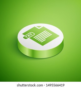 Isometric TXT file document. Download txt button icon isolated on green background. Text file extension symbol. White circle button. Vector Illustration
