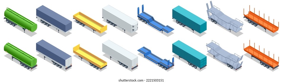 Isometrische Typen von Anhängern. Sattelanhänger, Sattelanhänger auf weißem Hintergrund