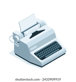 isometric typewriter, in color on a white background, a mechanical device for printing text on paper
