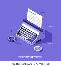 Isometric typewriter with magnifier and copyright symbol. Creative writing and content creation concept. Digital vector illustration.