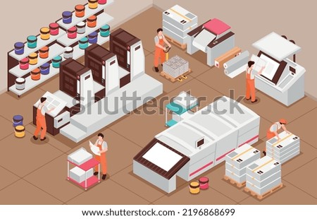 Isometric typography concept with books and magazines printing process vector illustration