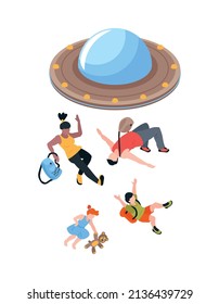 Isometric ufo alien space ship people composition with flying ufo kidnapping adult people and kids vector illustration