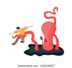 Isometric ufo alien space ship people composition with isolated view of alien octopus catching man vector illustration