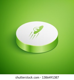 Isometric UFO flying spaceship and alien icon isolated on green background. Flying saucer. Alien space ship. Futuristic unknown flying object. White circle button. Vector Illustration