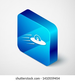 Isometric UFO flying spaceship and alien icon isolated on white background. Flying saucer. Alien space ship. Futuristic unknown flying object. Blue square button. Vector Illustration