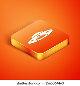 Isometric UFO flying spaceship icon isolated on orange background. Flying saucer. Alien space ship. Futuristic unknown flying object.  Vector Illustration