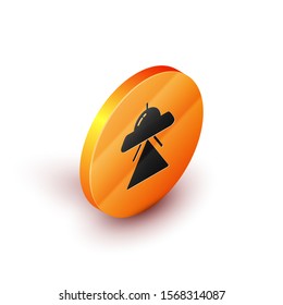 Isometric UFO flying spaceship icon isolated on white background. Flying saucer. Alien space ship. Futuristic unknown flying object. Orange circle button. Vector Illustration