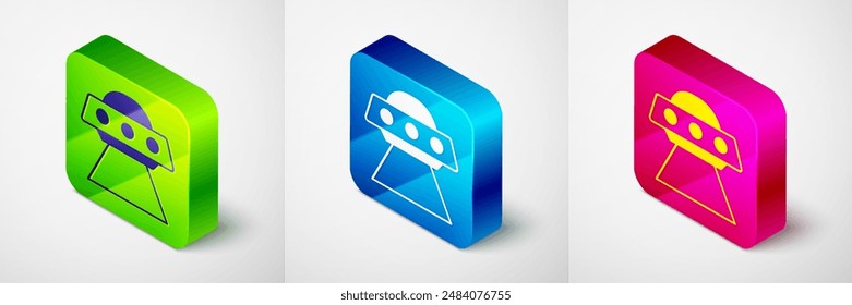 Isometric UFO flying spaceship icon isolated on grey background. Flying saucer. Alien space ship. Futuristic unknown flying object. Square button. Vector