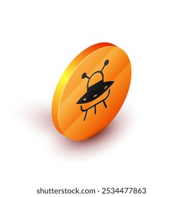 Isometric UFO flying spaceship icon isolated on white background. Flying saucer. Alien space ship. Futuristic unknown flying object. Orange circle button. Vector