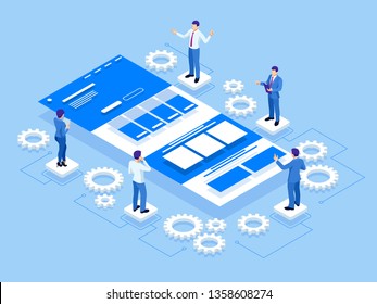 Isometric UI or UX design concept, Application development. Web developing programming and coding technologies, architecture site.