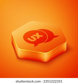 Isometric UI or UX design icon isolated on orange background. Orange hexagon button. Vector