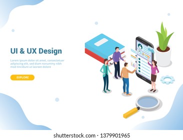 isometric ui and ux designer concept with team people working on smartphone for website template landing page banner - vector illustration