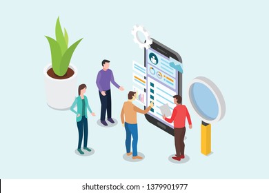 isometric ui and ux designer concept with team people working on smartphone and design page - vector illustration