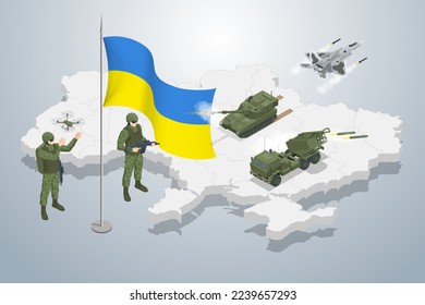 Soldado ucraniano isométrico en el fondo del mapa de Ucrania y la bandera nacional. Policía Militar De Las Fuerzas Especiales, Miembro Del Equipo De Swat. Concepto de ejército, ejército y pueblo