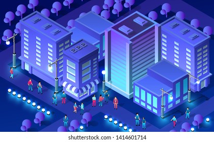 Isometric ultra city concept of violet style, an ultraviolet 3d modern design of urban street of a skyscraper, street lamps and building road town. Vector illustration of modern business background.