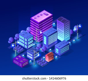 Isometric ultra city concept of violet style, an ultraviolet 3d modern design of urban street of a skyscraper, street lamps and building road town. Vector illustration of modern business background.