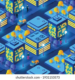 Isometric ultra city concept of violet style, an ultraviolet 3d modern design of urban street of a skyscraper, street lamps and building road town. Vector illustration of modern business background.