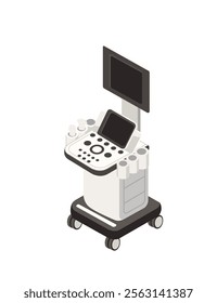 Isometric ultrasound diagnostic machine with dual monitors, control panel, and probe holders on wheels. Ideal for medical and healthcare concepts. Vector illustration isolated on white background.