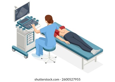 Isometric Ultrasound Examination. A nurse is performing an ultrasound scan on a female patient lying on an examination table. The monitor displays the results. Medical technology, modern healthcare