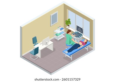 Isometric Ultrasound Examination. A nurse is performing an ultrasound scan on a female patient lying on an examination table. The monitor displays the results. Medical technology, modern healthcare