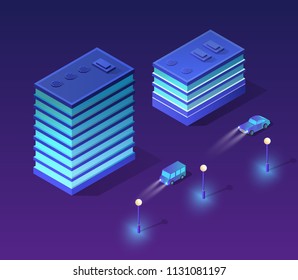 Isometric ultraviolet city of violet colors 3d building and cars on the street, urban road architecture. Vector illustration map of isometry for the business design concept.