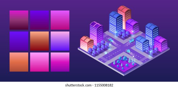 Isometric ultraviolet city of violet colors 3d building modern town street, urban road architecture. Vector illustration map of isometry for the business design concept.