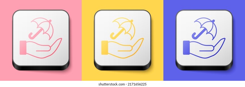 Isometric Umbrella In Hand Icon Isolated On Pink, Yellow And Blue Background. Insurance Concept. Waterproof Icon. Protection, Safety, Security Concept. Square Button. Vector