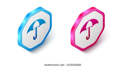 Isometric Umbrella Icon Isolated On White Background. Insurance Concept. Waterproof Icon. Protection, Safety, Security Concept. Hexagon Button. Vector