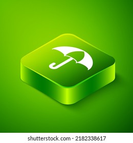 Isometric Umbrella Icon Isolated On Green Background. Insurance Concept. Waterproof Icon. Protection, Safety, Security Concept. Green Square Button. Vector