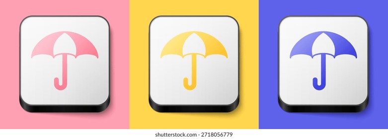 Icono isométrico del paraguas aislado en el fondo rosado, amarillo y azul. Concepto de seguro. Icono impermeable. Protección, seguridad, concepto de seguridad. Botón cuadrado. Vector