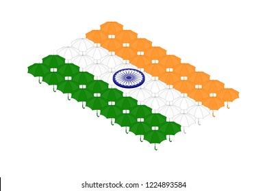Isometric umbrella icon in row, India national flag shape concept design illustration isolated on white background, Editable stroke