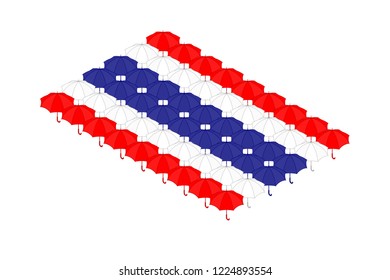 Isometric umbrella icon in row, Thailand national flag shape concept design illustration isolated on white background, Editable stroke
