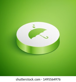 Isometric Umbrella and rain drops icon isolated on green background. Waterproof icon. Protection, safety, security concept. Water resistant symbol. White circle button. Vector Illustration