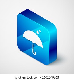Isometric Umbrella and rain drops icon isolated on white background. Waterproof icon. Protection, safety, security concept. Water resistant symbol. Blue square button. Vector Illustration