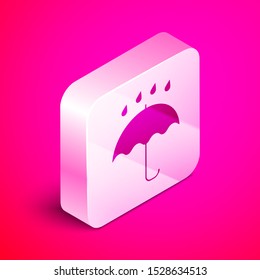 Isometric Umbrella and rain drops icon isolated on pink background. Waterproof icon. Protection, safety, security concept. Water resistant symbol. Silver square button. Vector Illustration