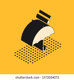 Isometric Umbrella and rain drops icon isolated on yellow background. Waterproof icon. Protection, safety, security concept. Water resistant symbol.  Vector Illustration