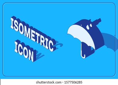 Isometric Umbrella and rain drops icon isolated on blue background. Waterproof icon. Protection, safety, security concept. Water resistant symbol.  Vector Illustration